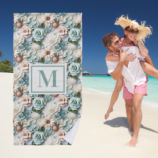 Serviette De Plage Fleurs vert pâle crème monogramme initial