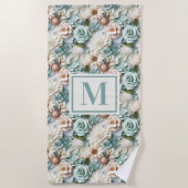 Serviette De Plage Fleurs vert pâle crème monogramme initial (Devant)