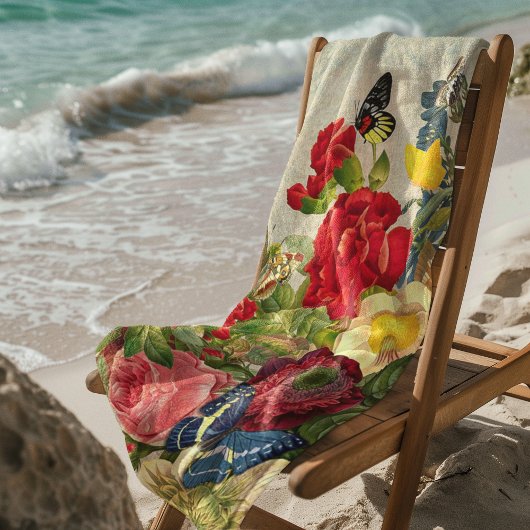 Serviette De Plage Fleurs vintages et papillons