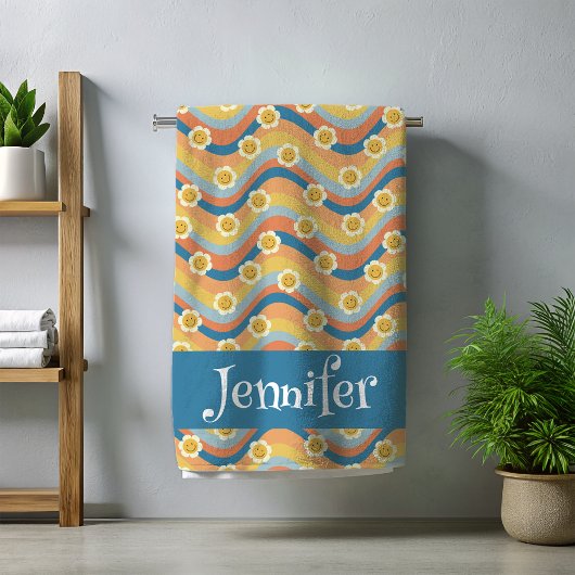 Serviette De Plage Fleurs visage smiley arc-en-ciel rétro 