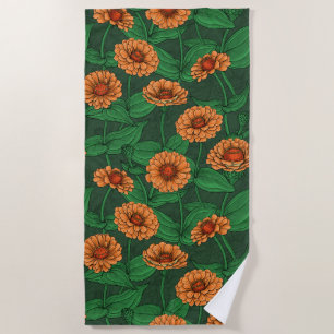 Serviette De Plage Fleurs Zinnia orange, feuilles verts sur vert fonc