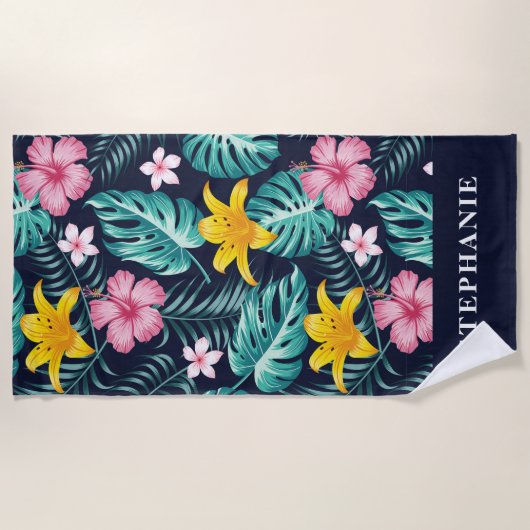 Serviette De Plage Fleuve Tropical Marine Et Hibiscus Rose (Devant)