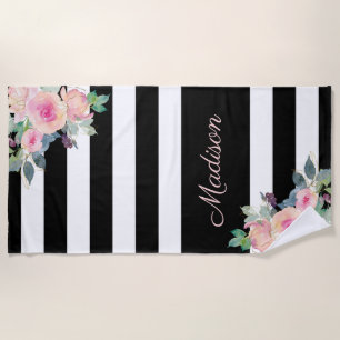 Serviette De Plage Floral Elegant Stripes Nom Rose Noir Blanc