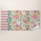 Serviette De Plage Floral et rayures hawaïennes | Monogramme (Devant)