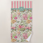 Serviette De Plage Floral et rayures hawaïennes | Monogramme (Devant)