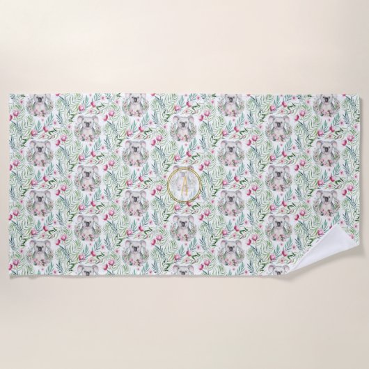 Serviette De Plage Floral KOALA OURS Monogramme Filles Pièce à couche (Devant)