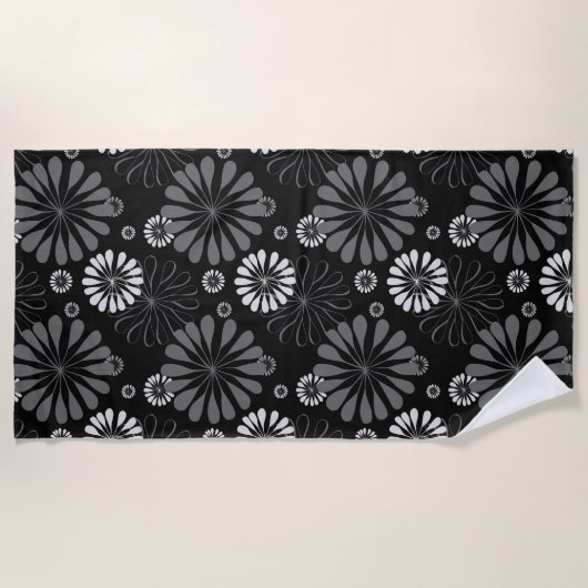 Serviette De Plage Floral noir et blanc rétro (Devant)