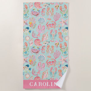 Serviette De Plage Floral Préppy Océan Vie Marine