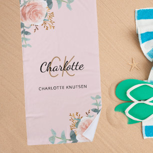 Serviette De Plage Florales d'or rose vert monogramme initiales