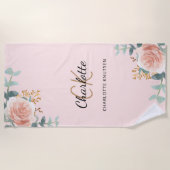 Serviette De Plage Florales d'or rose vert monogramme initiales (Devant)