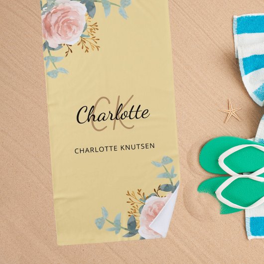 Serviette De Plage Floraux d'or rose jaune initiales monogramme