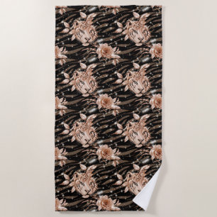 Serviette De Plage Flore de tigre d'or Rose noir