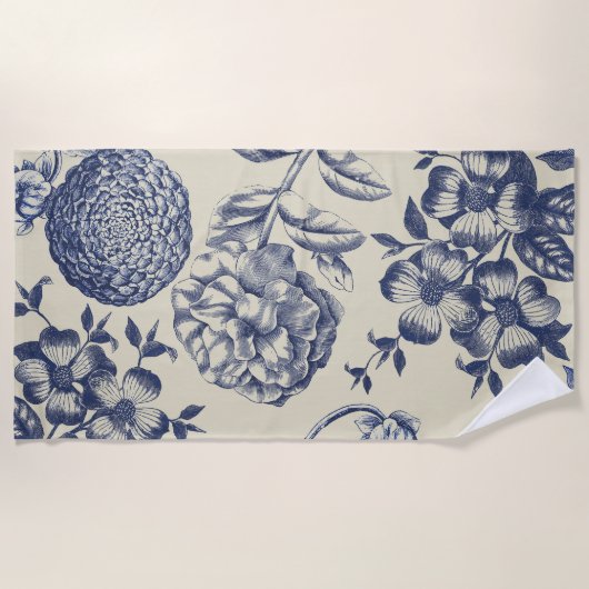 Serviette De Plage Flore d'impression florale de fleurs bleues antiqu (Devant)