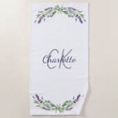 Serviette De Plage Flores violet lavande monogramme nom élégant (Devant)