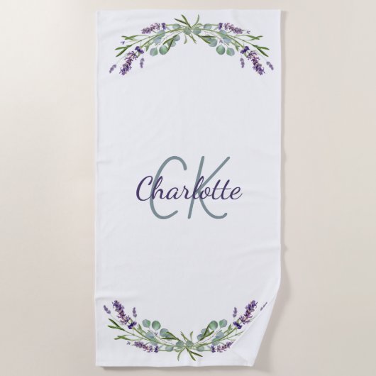 Serviette De Plage Flores violet lavande monogramme nom élégant (Devant)