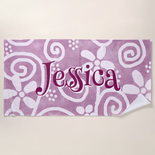 Serviette De Plage Flowers Swirls Pink White Pattern Personalized (Devant)