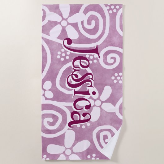 Serviette De Plage Flowers Swirls Pink White Pattern Personalized (Devant)
