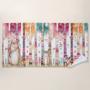 Serviette De Plage Forêt tribale colorée Arbres et animaux