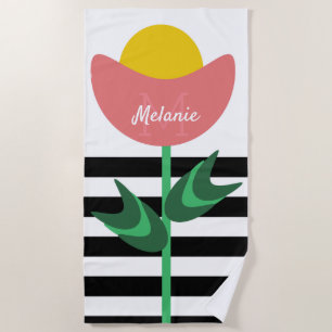 Serviette De Plage Formes organiques Bouquet de fleurs Rayures Monogr