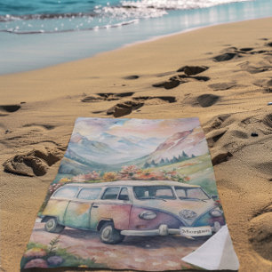Serviette De Plage Fourgon aquarelle avec plaque de licence personnal