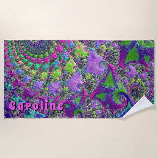 Serviette De Plage Fractale mandala violet vert rose vibrant (Devant)