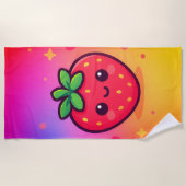 Serviette De Plage Fraise Kawaii souriante sur Pastel Gradient Backg (Devant)