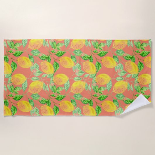Serviette De Plage Fruit citron motif jaune et pêche rose (Devant)
