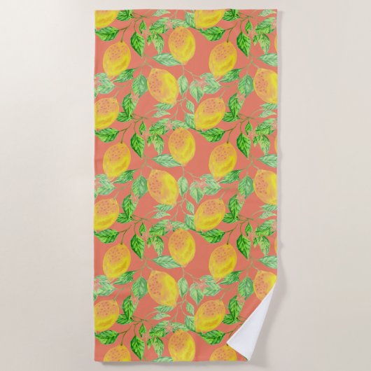 Serviette De Plage Fruit citron motif jaune et pêche rose (Devant)