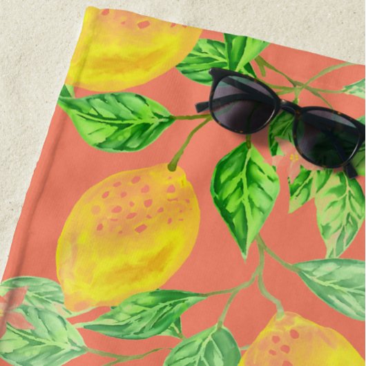 Serviette De Plage Fruit citron motif jaune et pêche rose