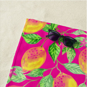 Serviette De Plage Fruit citron motif jaune rose vert vintage