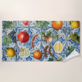 Serviette De Plage Fruit d'été méditerranéen & Mosaïque Bleue Blanc (Devant)