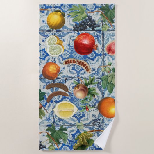 Serviette De Plage Fruit d'été méditerranéen & Mosaïque Bleue Blanc (Devant)