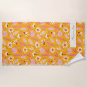 Serviette De Plage Fruits botaniques abstraits Moderne Boho Jaune Nom (Devant)