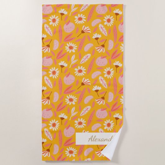 Serviette De Plage Fruits botaniques abstraits Moderne Boho Jaune Nom (Devant)