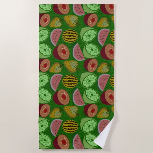 Serviette De Plage Fruits tropicaux motifs et vert arrière - plan (Devant)