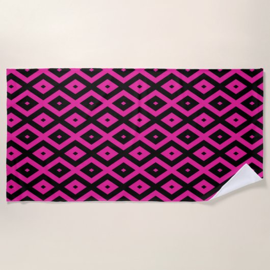 Serviette De Plage Fuchsia et motif de diamants noirs (Devant)