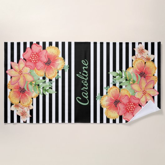 Serviette De Plage Fun Floral Aquarelle Personnalisé Cute Stripes Mot (Devant)