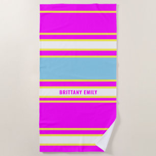 Serviette De Plage Fuschia Sky Blue Lemon Yellow Stripes Motif