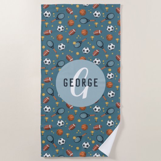 Serviette De Plage Garçons Cute Blue Sports Monogrammes Enfants (Devant)