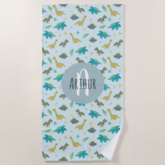Serviette De Plage Garçons mignonette Moderne Bleu Dinosaure Motif En (Devant)