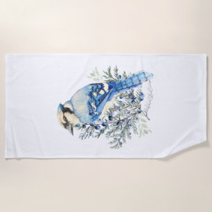 Serviette De Plage Geai bleu aquarelle Oiseaux Myrtilles Art de campa