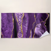 Serviette De Plage Géode Personnalisé Violet Pourpre Paillettes D'or  (Devant)