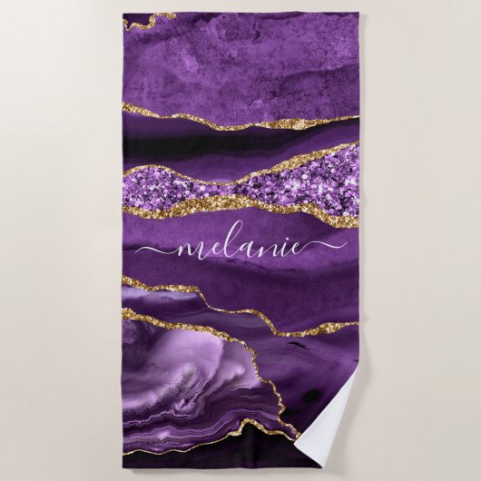 Serviette De Plage Géode Personnalisé Violet Pourpre Paillettes D'or  (Devant)