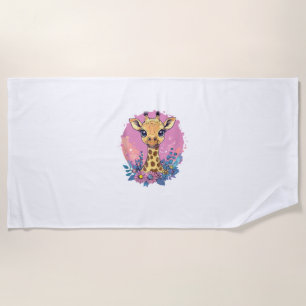 Serviette De Plage Giraffe Adorable Entourée De Fleurs _2