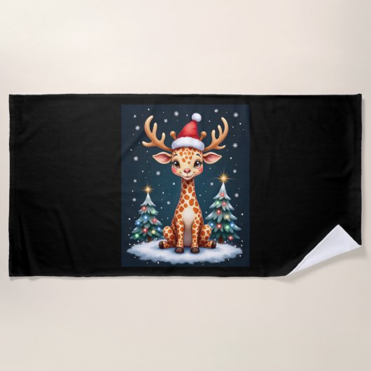 Serviette De Plage Giraffe Reindeer Casquette Père Noël Christmas Tre (Devant)