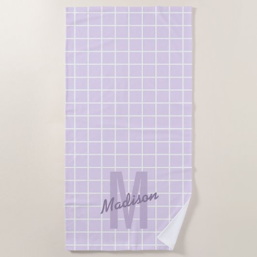 Serviette De Plage Girl lavender violet grille motif nom monogramme (Devant)