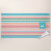 Serviette De Plage Girly Pastel Rose Peach Aqua Stripes Monogramme (Devant)