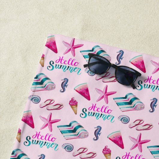 Serviette De Plage Girly Pink Summer Beach Holiday Pattern (En situation)