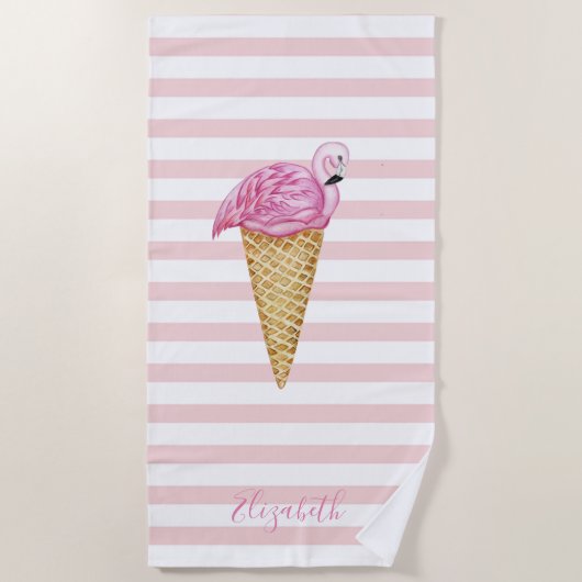 Serviette De Plage Glace Cool Flamant Rose Rayures (Devant)