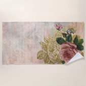 Serviette De Plage Glam Steampunk | Rose rose et or Rustique Floral (Devant)